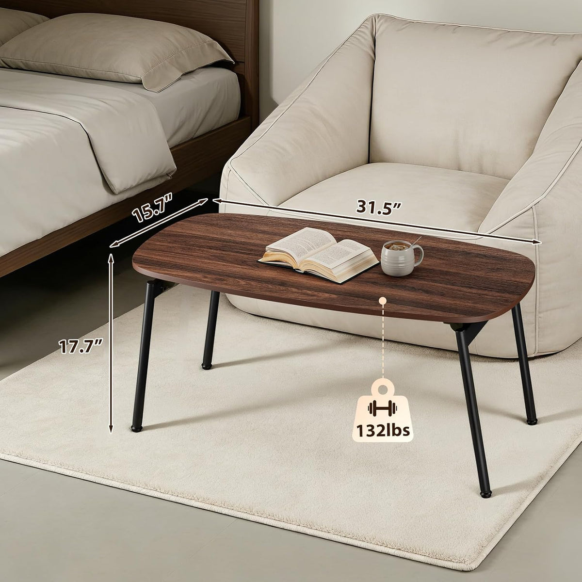 VINGLI 31.5" Folding Coffee Table Small, No Assembly Needed, Walnut