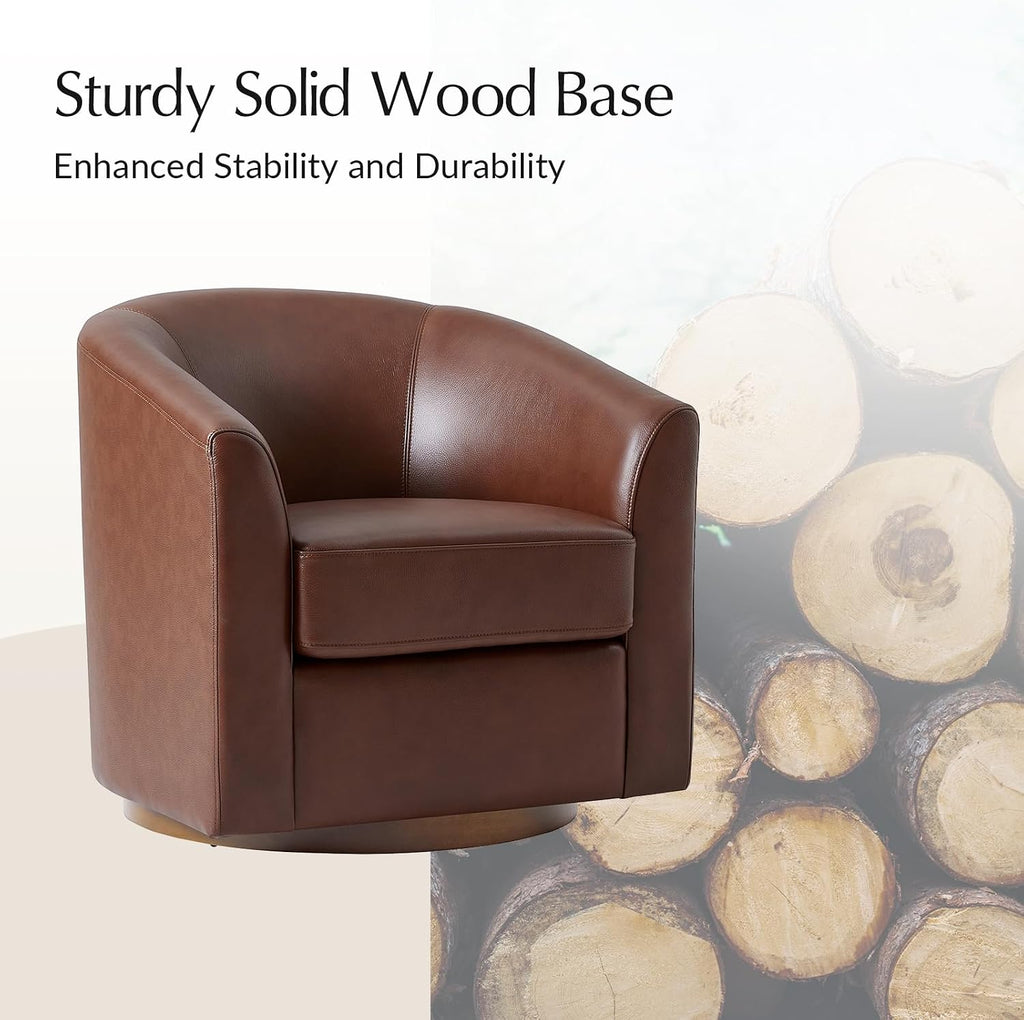 HULALA HOME Genuine Leather Swivel Barrel Accent Chairs Set of 2, Brown