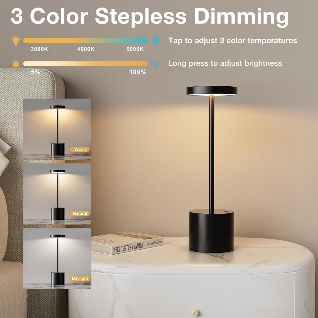 cordless rechargeable table lamp, 4000mah battery operated, black, close-up detail