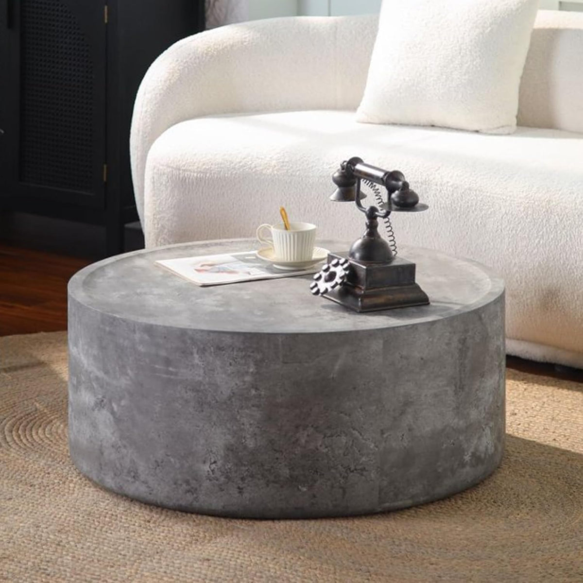 Round Coffee Table Small, 31.5" Coffee Tables for Living Room, Modern Drum Center MDF Wooden Farmhouse Accent Vintage Design, Office, Apartment No Assembly Required Concrete Gray