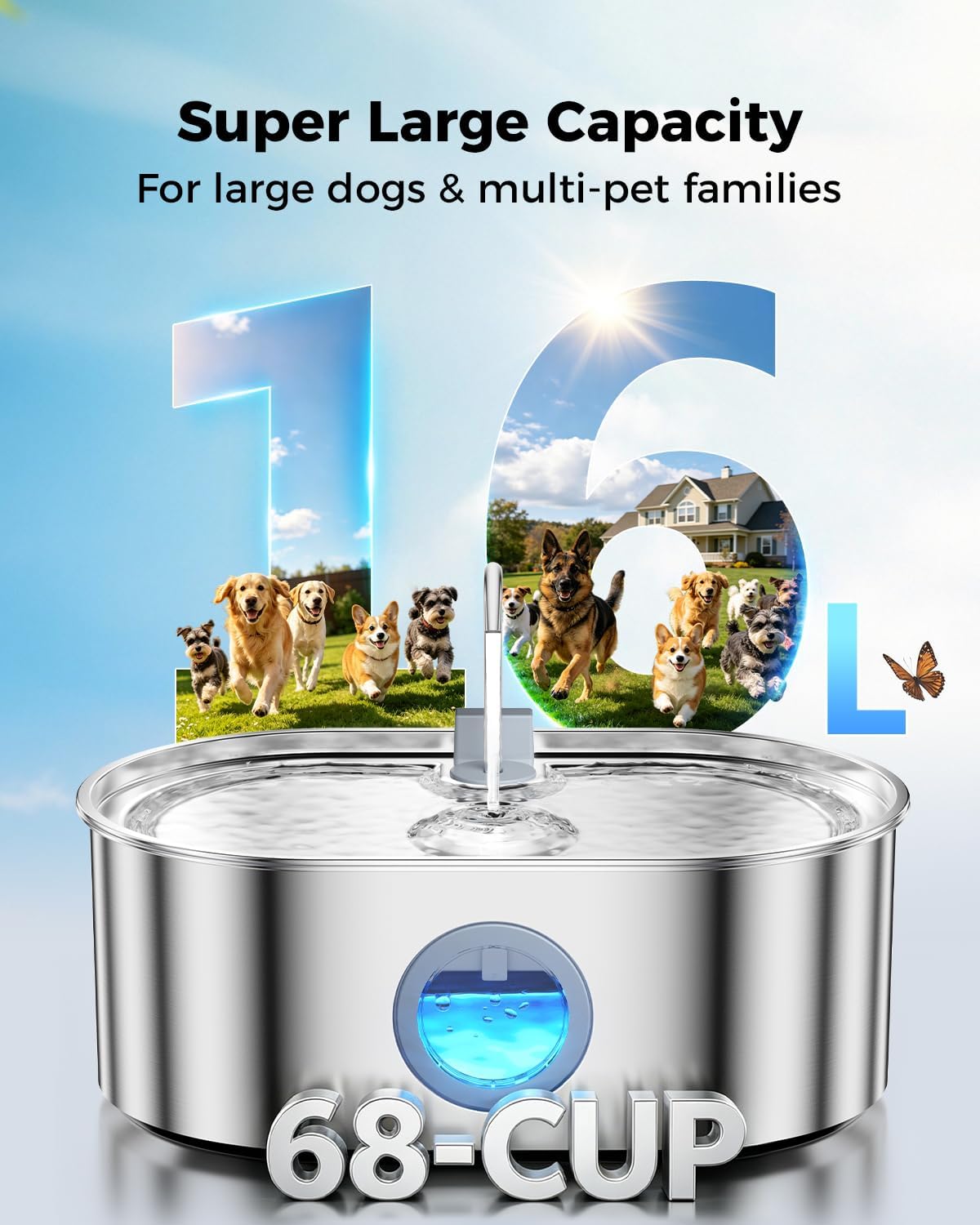 4.2Gal Extra Large Dog Water Fountain, 16L Stainless Steel Pet Water Fountain for Large Dogs, No Spill Dog Water Bowl Dispenser with Deeper Wider Bowl, 68-Cup Water Tank for Multi-Pet