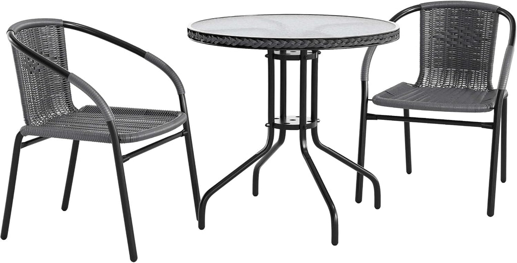 Flash Furniture 28 in Tempered Glass Round Table with 2 Chairs, Gray