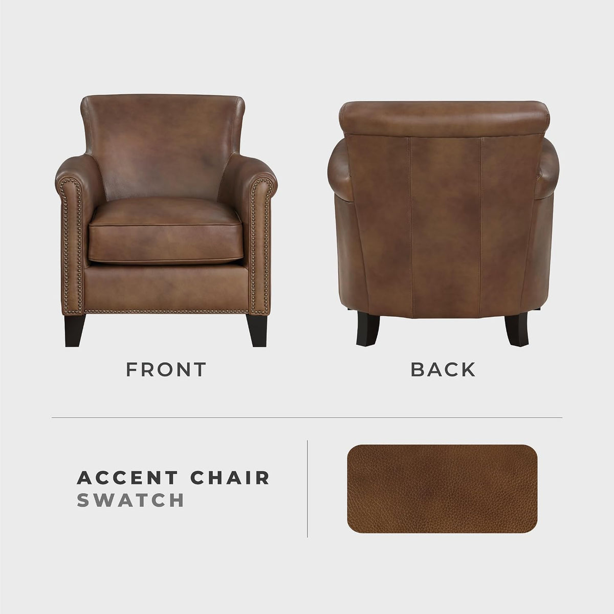 Lexicon Top Grain Genuine Leather Chair, Rolled Armrest, Classic Brown