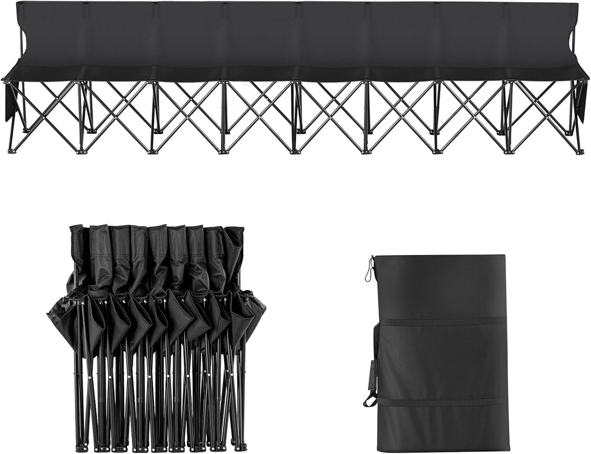 VEVOR Portable Folding Bench, 8 Seats Foldable Sideline Bench, Outdoor Camping Chair with Carry Bag & Backrest, Team Sport Sideline Bench for Football Fishing, No Assembly Instant Seating, Black