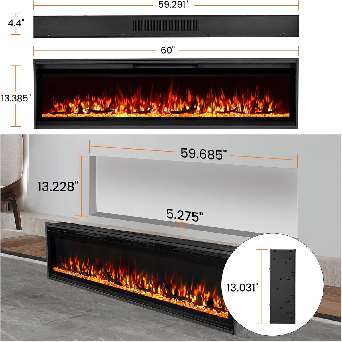 TUAN 60 Inch Electric Fireplace,Ultra-Thin Electric Fireplace Inserts,Recessed & Wall-Mounted Fireplace, Adjustable Flame, Remote Control - Linear with Timer, 750/1500W