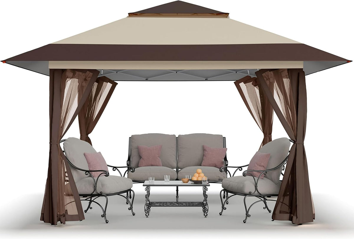 CROWN SHADES 11x11 Pop Up Gazebo, Outdoor Canopy Tent, Beige & Coffee