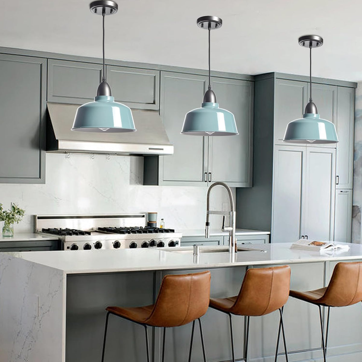 modern farmhouse blue pendant light, macaron dome, close-up detail