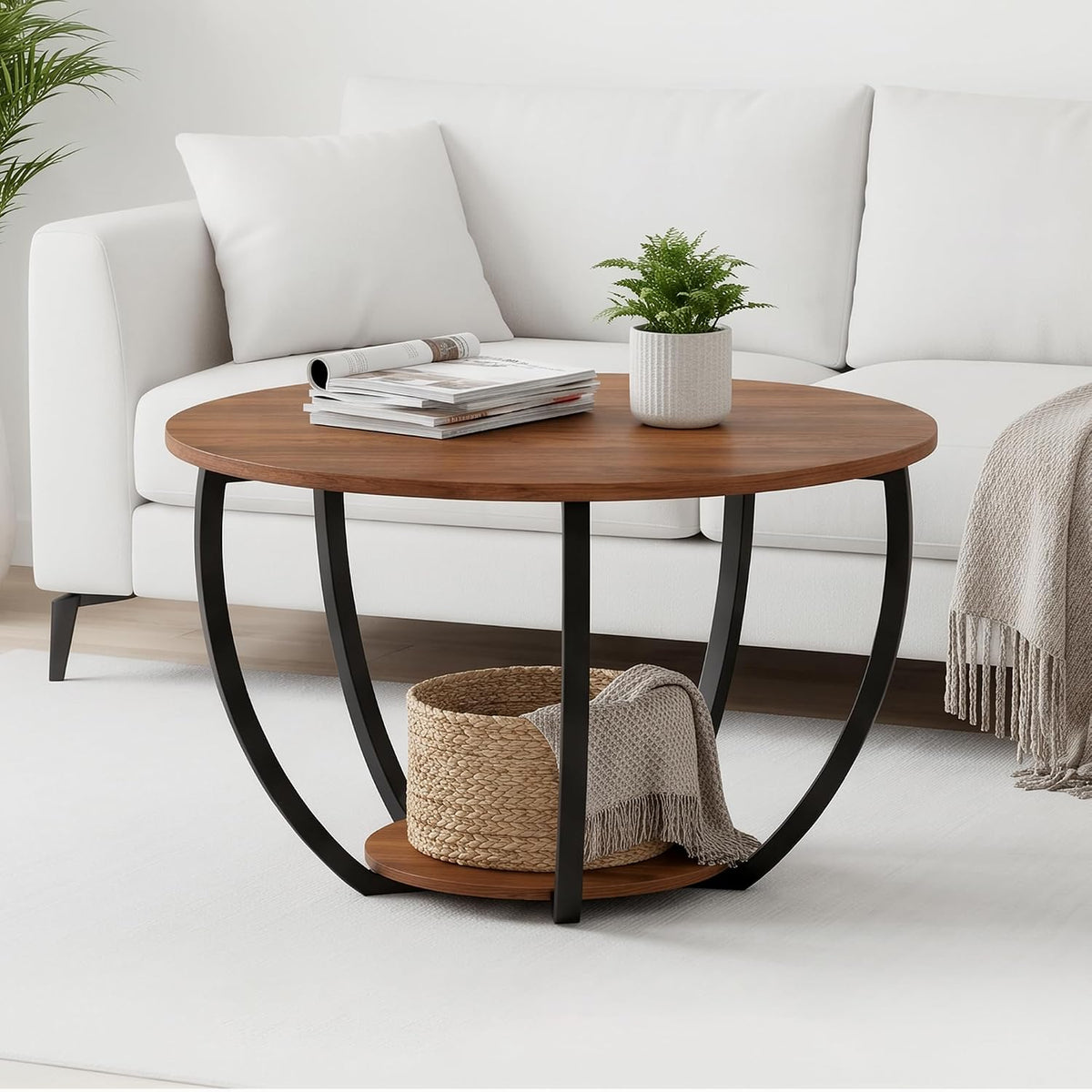 HOMERECOMMEND Round Coffee Table,23"Circle Coffee Table With Storage,Walnut