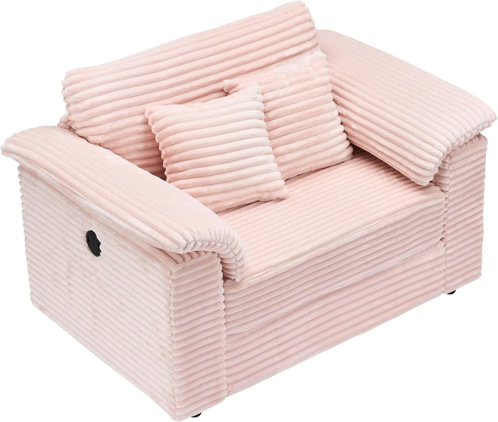 Deolme Oversized Chaise Lounge Chair with Storage Ottoman & USB Ports, Fluffy Corduroy Cloud Couch Sleeper Sofa Bed with Arm Rest, Comfy Overstuffed Sofa Chair Set for Living Room, Bedroom (Pink)