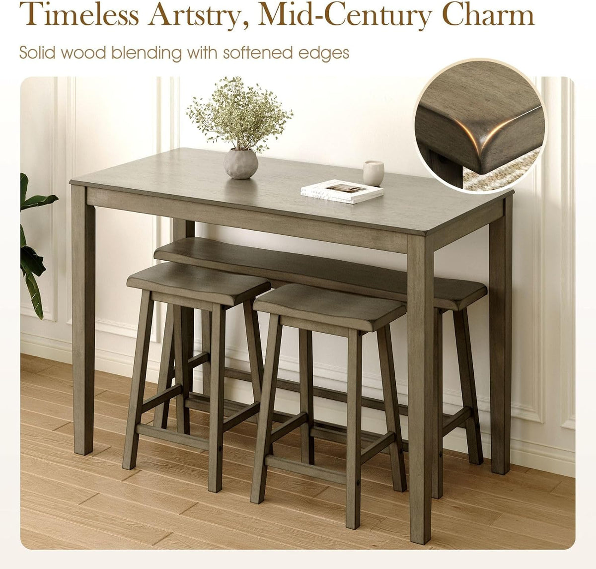 Sophia & William Solid Wood Counter Height Table and Chairs, Smoky Brown