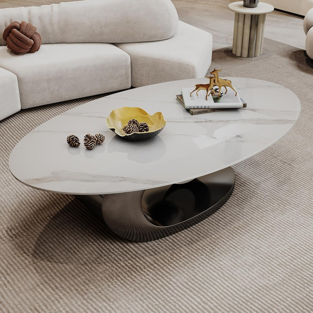 Glintee 49.2" Oval Stone Coffee Table, Grey S-Shaped Base