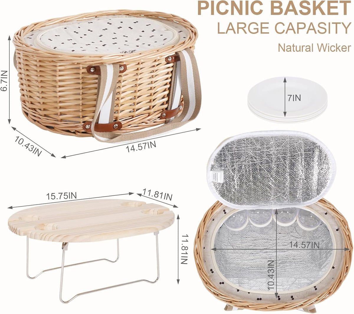 Picnic Basket Set for 4 - Wicker Insulated Picnic Basket