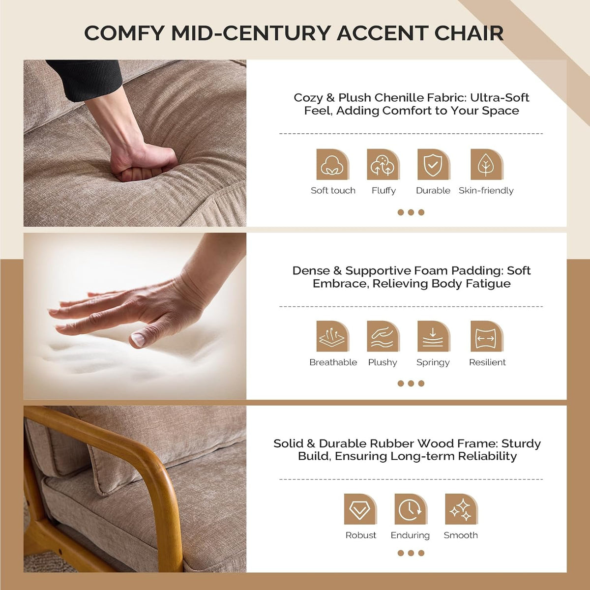 VINGLI Chenille Mid-Century Modern Accent Chair, Cute Reading Arm Chair with Cushion & Lumbar Pillow & Solid Wood Frame for Lounge, Living Room, Reading Room, Bedroom, Light Khaki