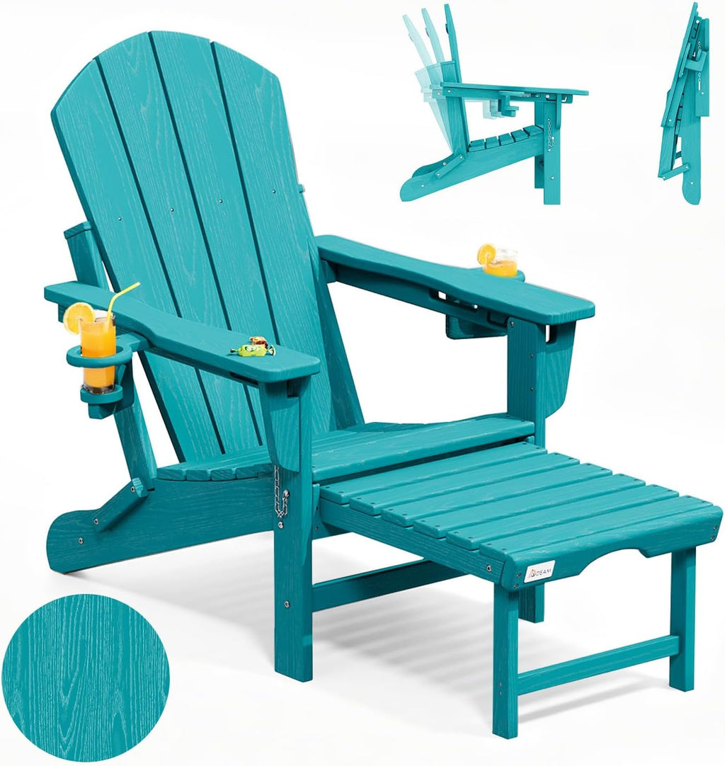 Mdeam HDPE Folding Adirondack Chair, 3-Level 400 lbs Cup Holders,Aruba Blue