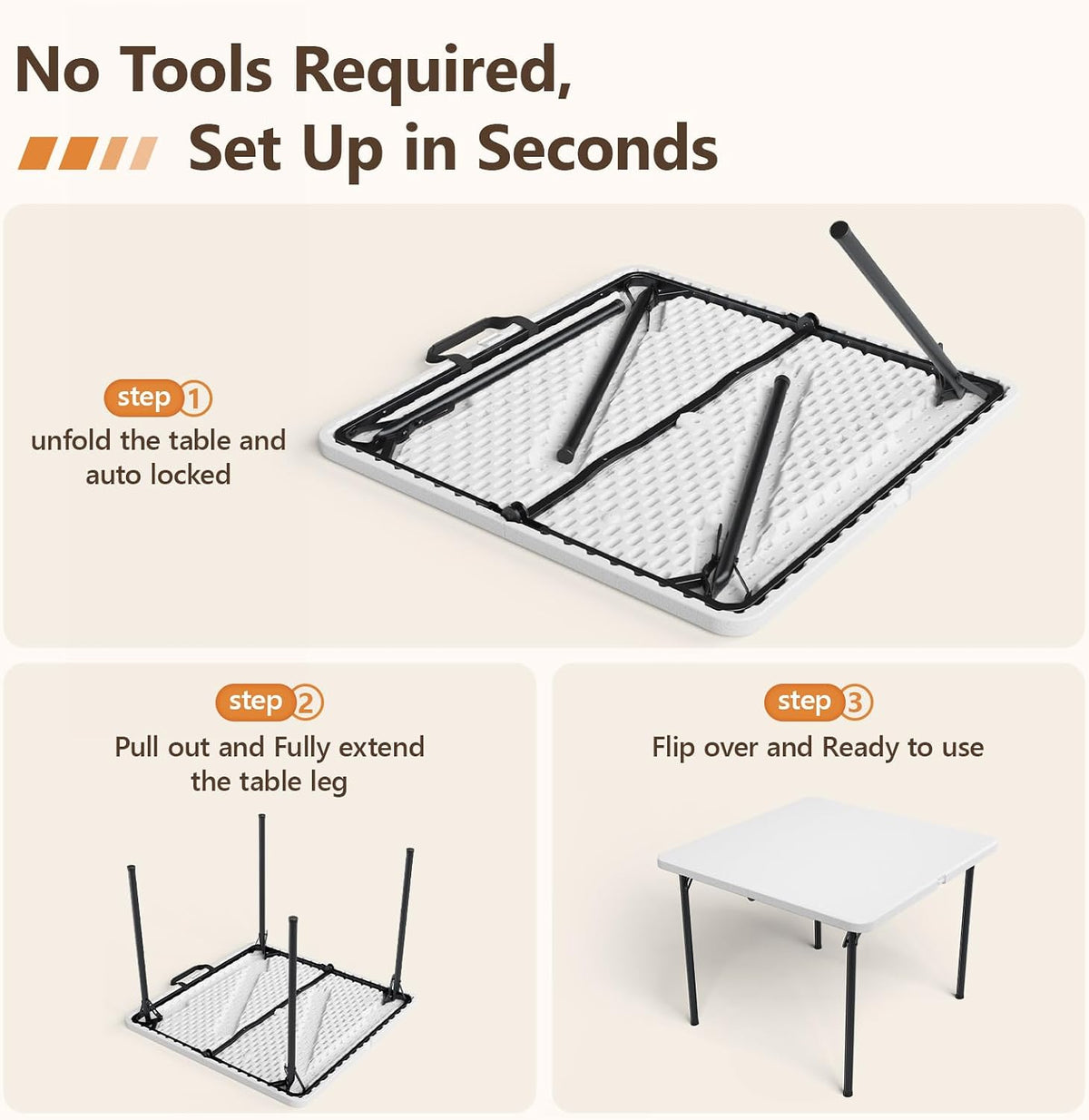 36" Folding Square Table, Portable Card Table with Built-in Handle, Compact Foldable Camping Picnic Table No Assembly, Easy Carry for BBQ, Party, Indoor Outdoor Use
