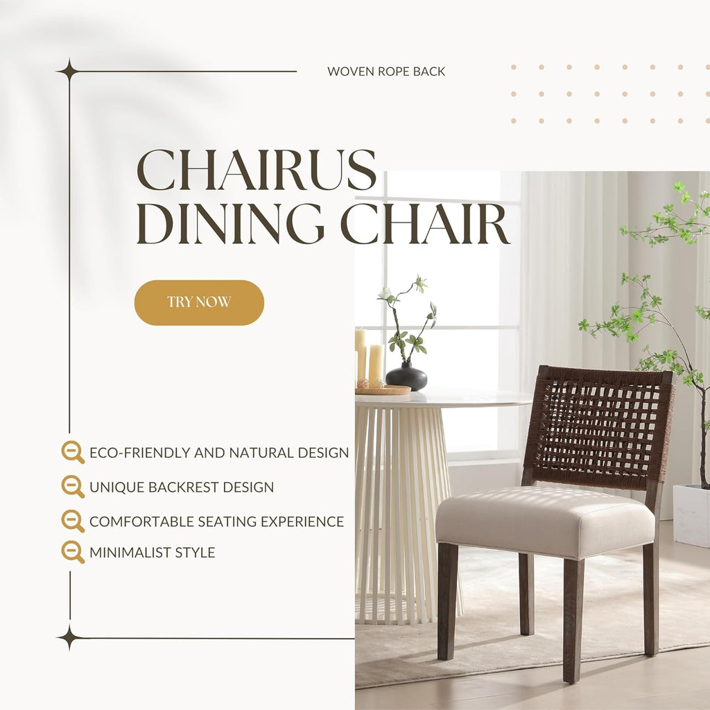 chairus upholstered Dining Chairs Set of 4, Boho Coastal Dining Room Chairs with Brown Walnut Woven Rope Back Gray-Brown Washed Wood Leg Modern Farmhouse Wooden Kitchen Side Chairs, Beige Linen Seat