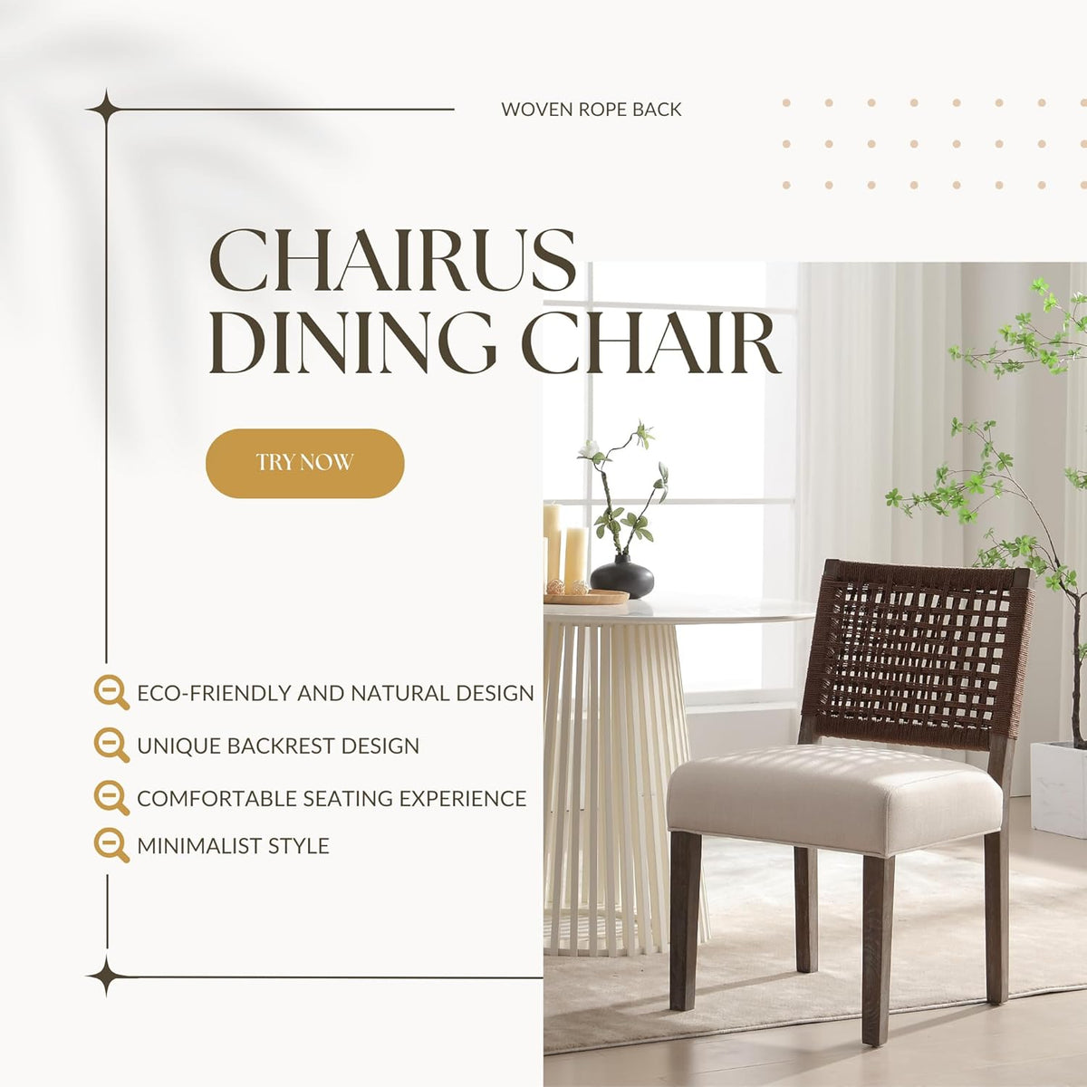 chairus upholstered Dining Chairs Set of 4, Boho Coastal Dining Room Chairs with Brown Walnut Woven Rope Back Gray-Brown Washed Wood Leg Modern Farmhouse Wooden Kitchen Side Chairs, Beige Linen Seat
