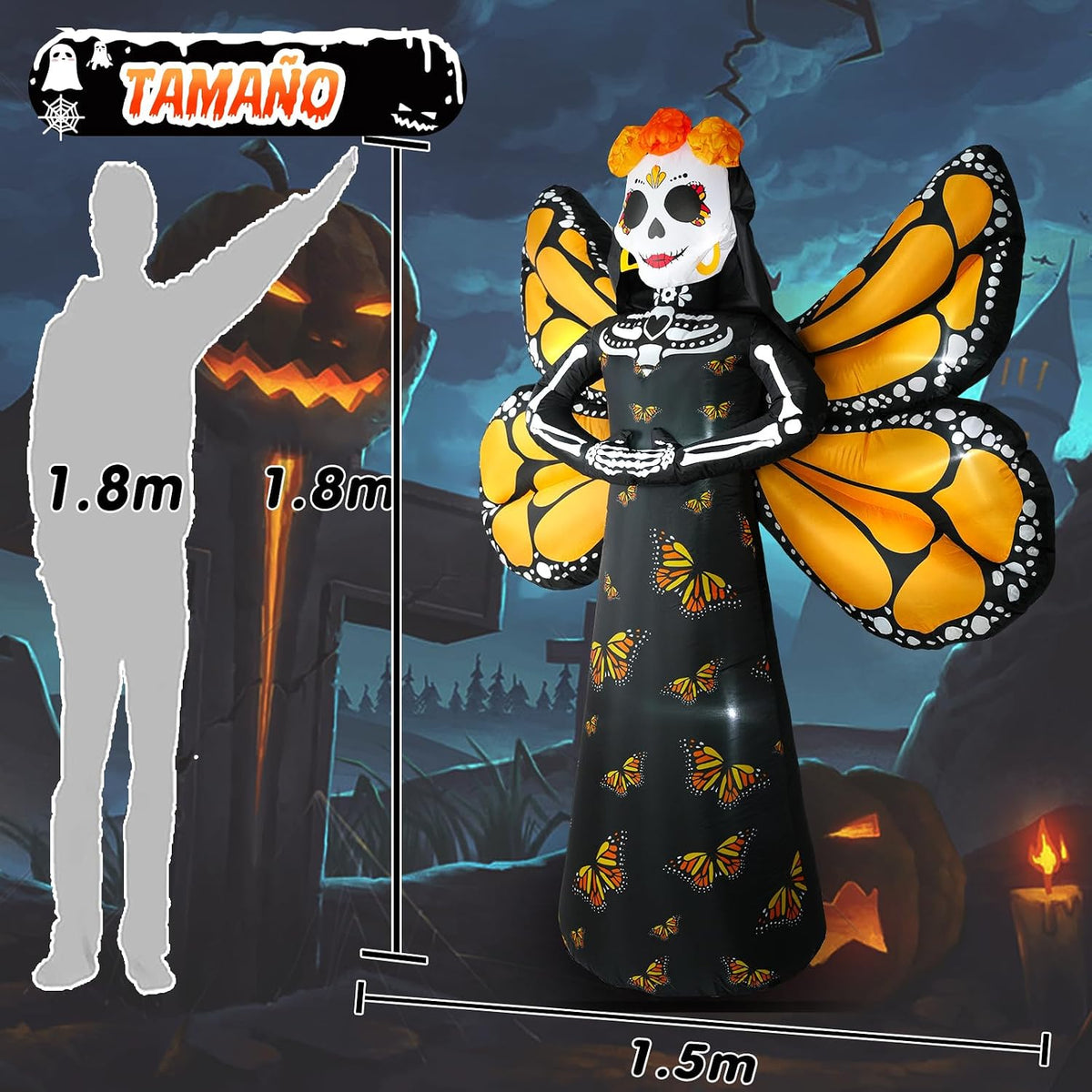 Dia de Los Muertos Decoration, 6 FT Halloween Inflatables Décor Day of The Dead Spooky Sugar Skull Butterfly Wings, Halloween Blow up Yard Decorations with Built-in LED for Altar Garden, Lawn