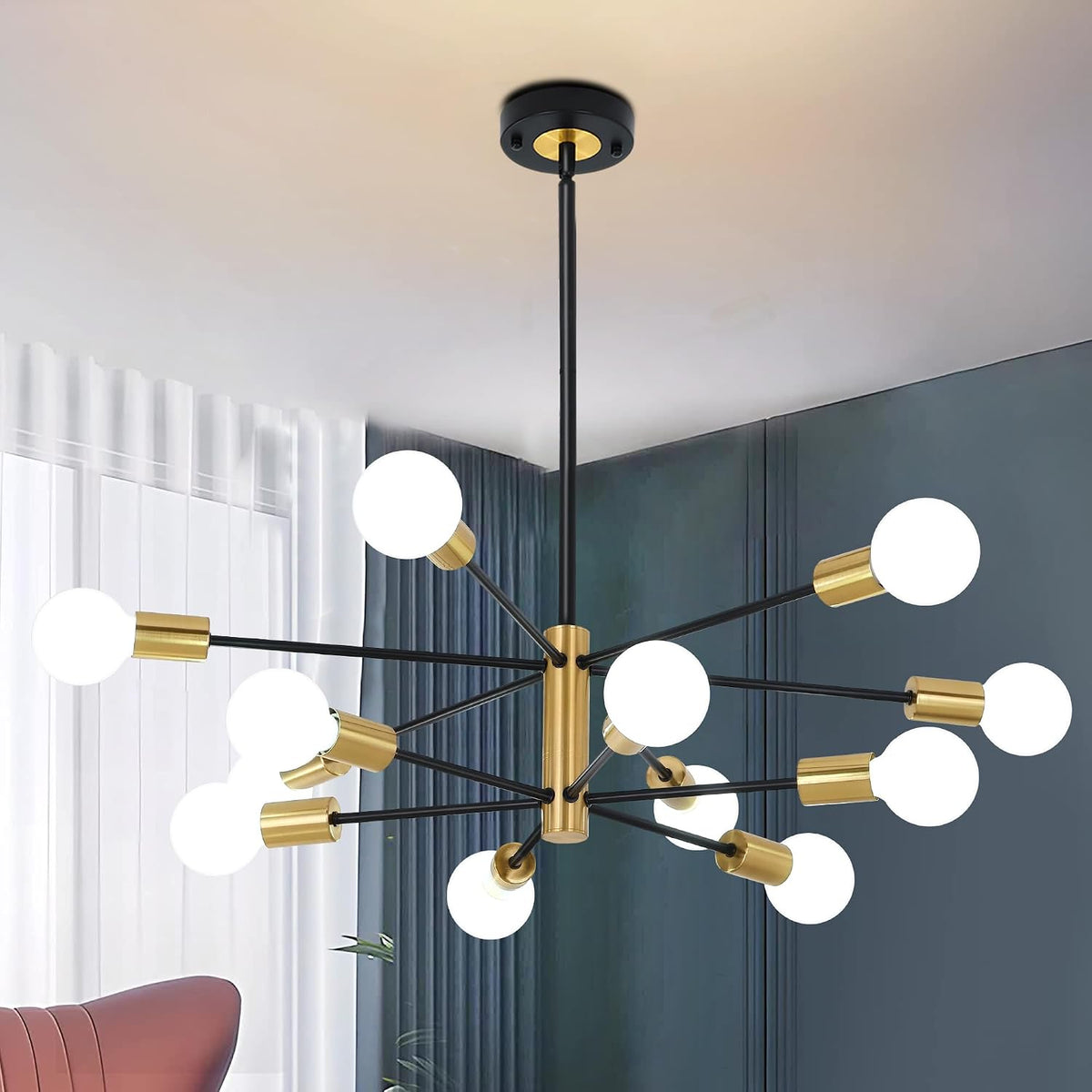 12-Light Modern Sputnik Chandelier, Mid Century Black Gold Ceiling Chandeliers, E26 Base,Branch Height Adjustable Pendant Lighting Fixture for Kitchen Island Dining Room Living Room Bedroom