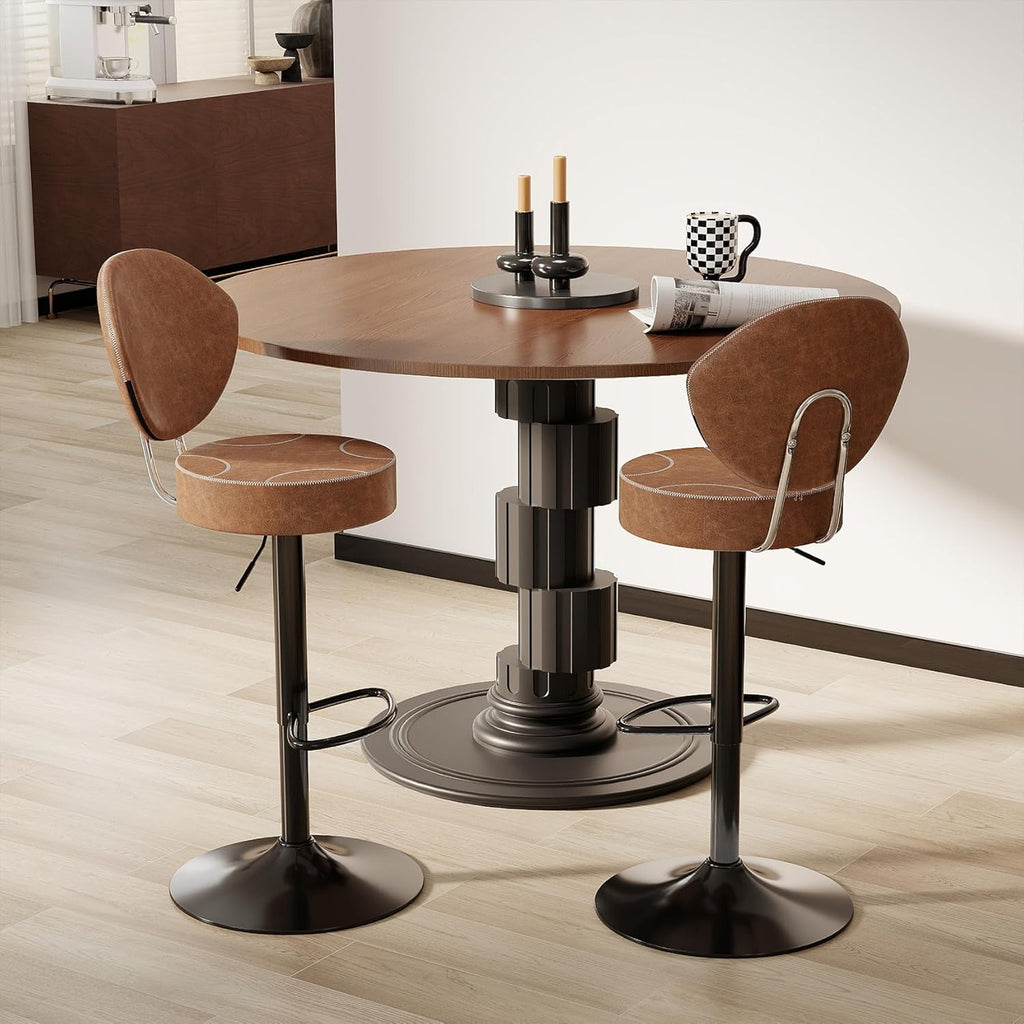 Swivel Bar Stools Set 2, Adjustable Height Suede-Like Leather Brown