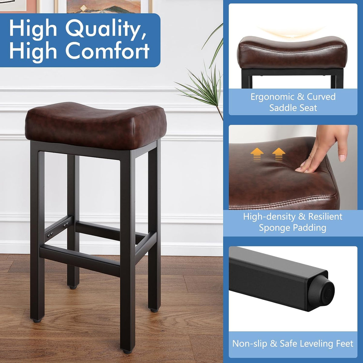 Raynesys 29 Inche Bonded Leather Counter Height Bar Stools Set of 2 Square