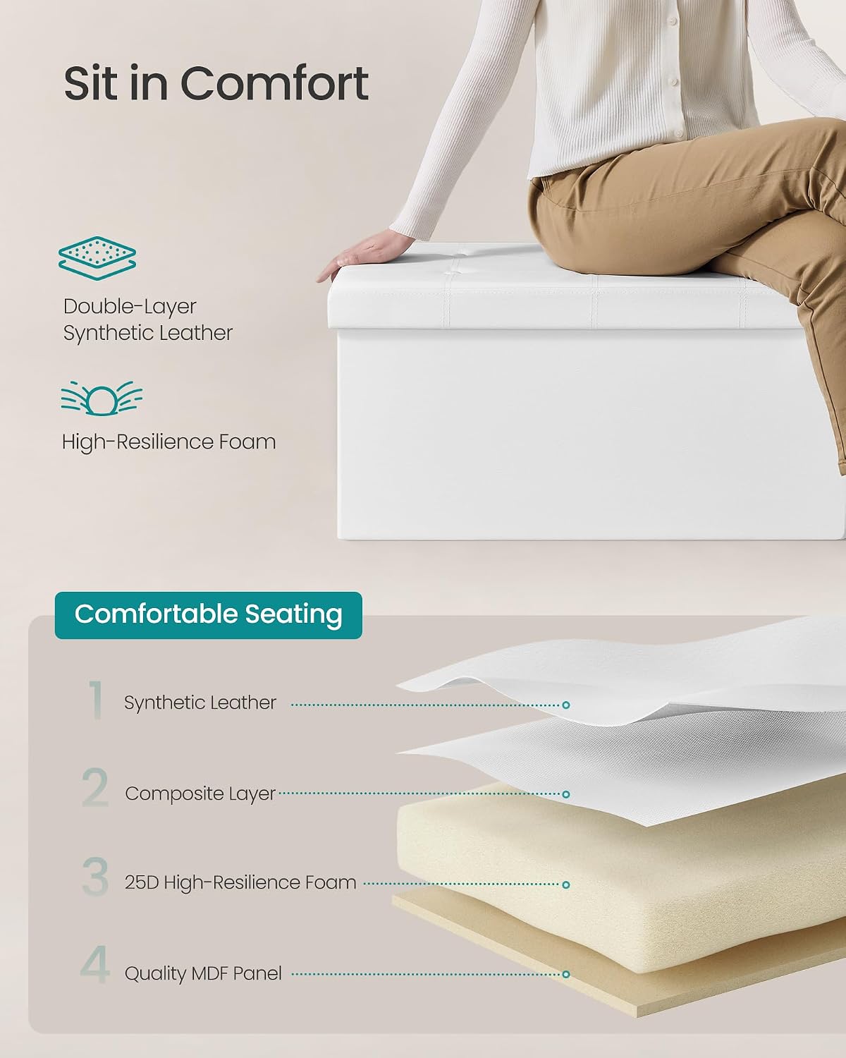 songmics storage ottoman bench, 43.3 inches folding foot showing dimensions