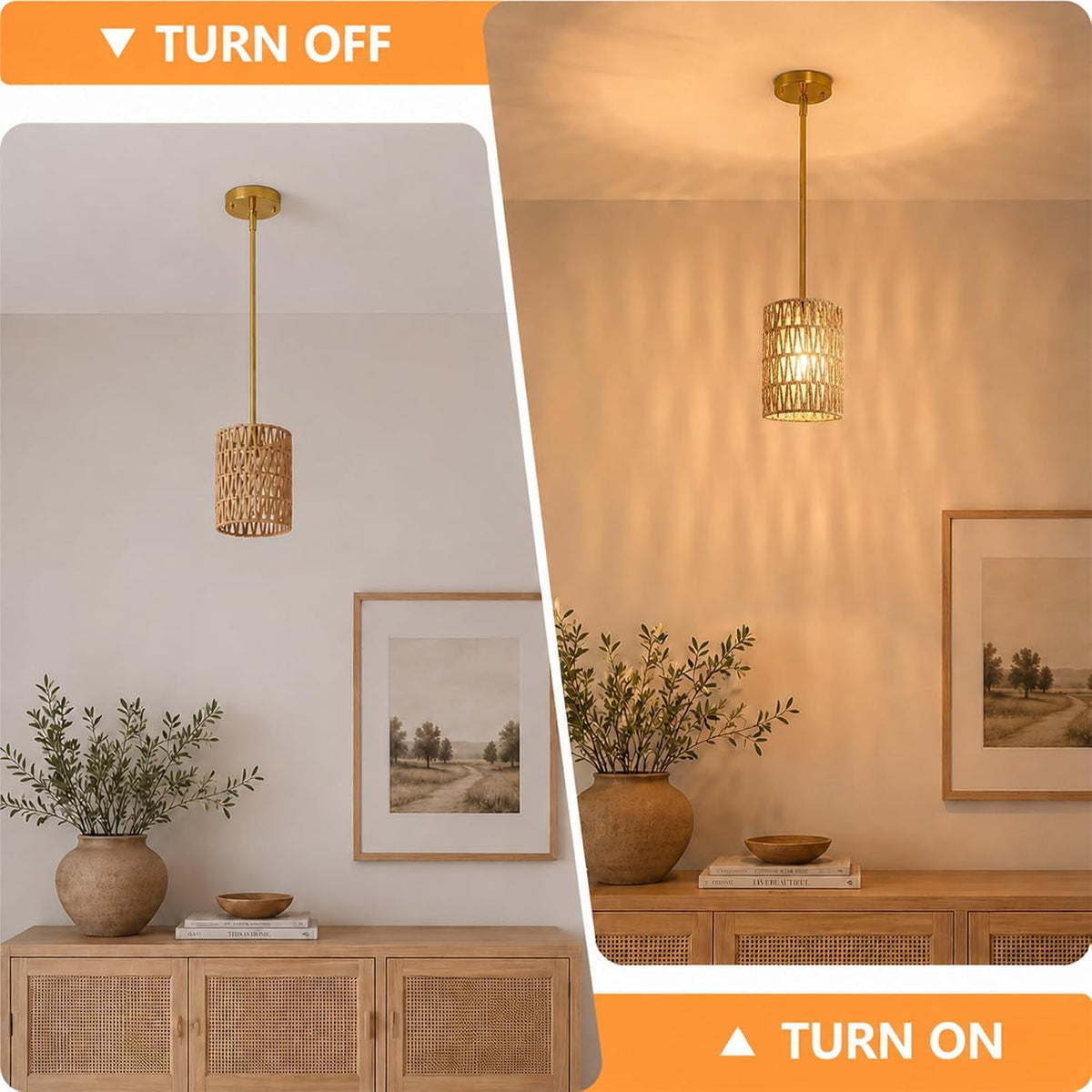 6inch gold rattan pendant light, 2-in-1 boho hanging on a desk or shelf