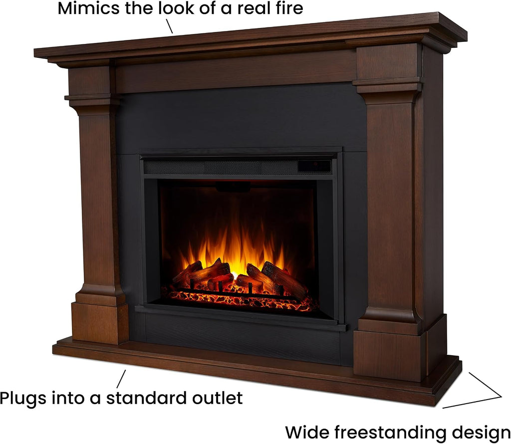 Real Flame Callaway 63" Grand Electric Fireplace with Mantel in Chestnut Oak, Free-Standing Oversized Indoor Electric Fireplace with Mantel, Adjustable Thermostat, Automatic Safety Shut-Off.