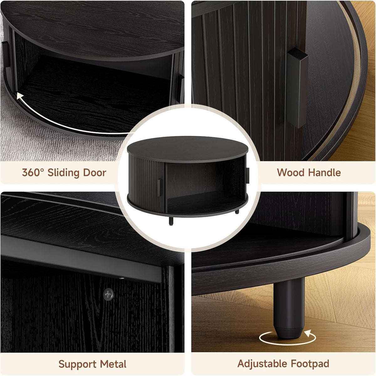 ONBRILL 31.5" Round Coffee Table with Storage Adjustable Footpads, Black