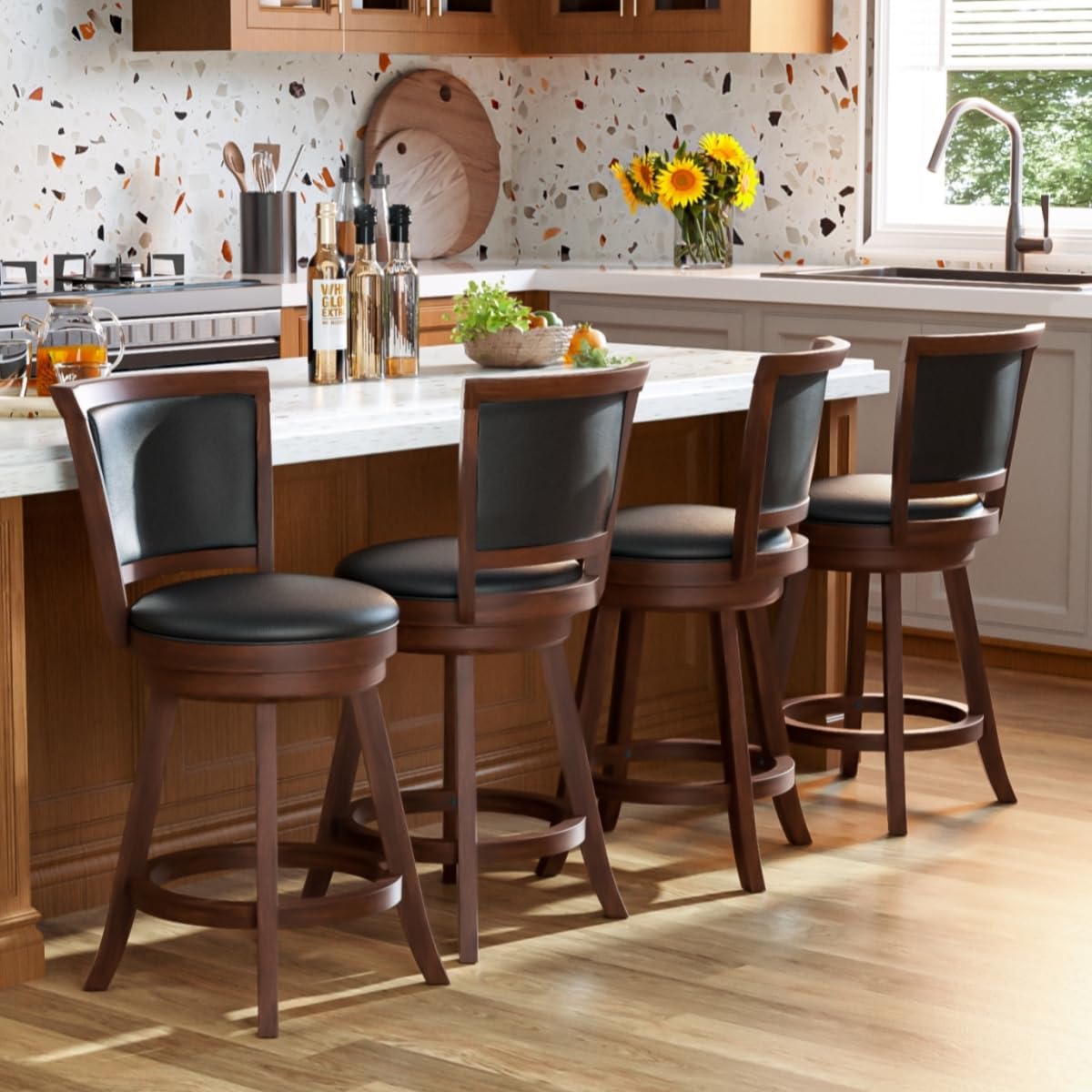 Bar Stools Set of 2, 24" Counter Height Island Chairs, Walnut