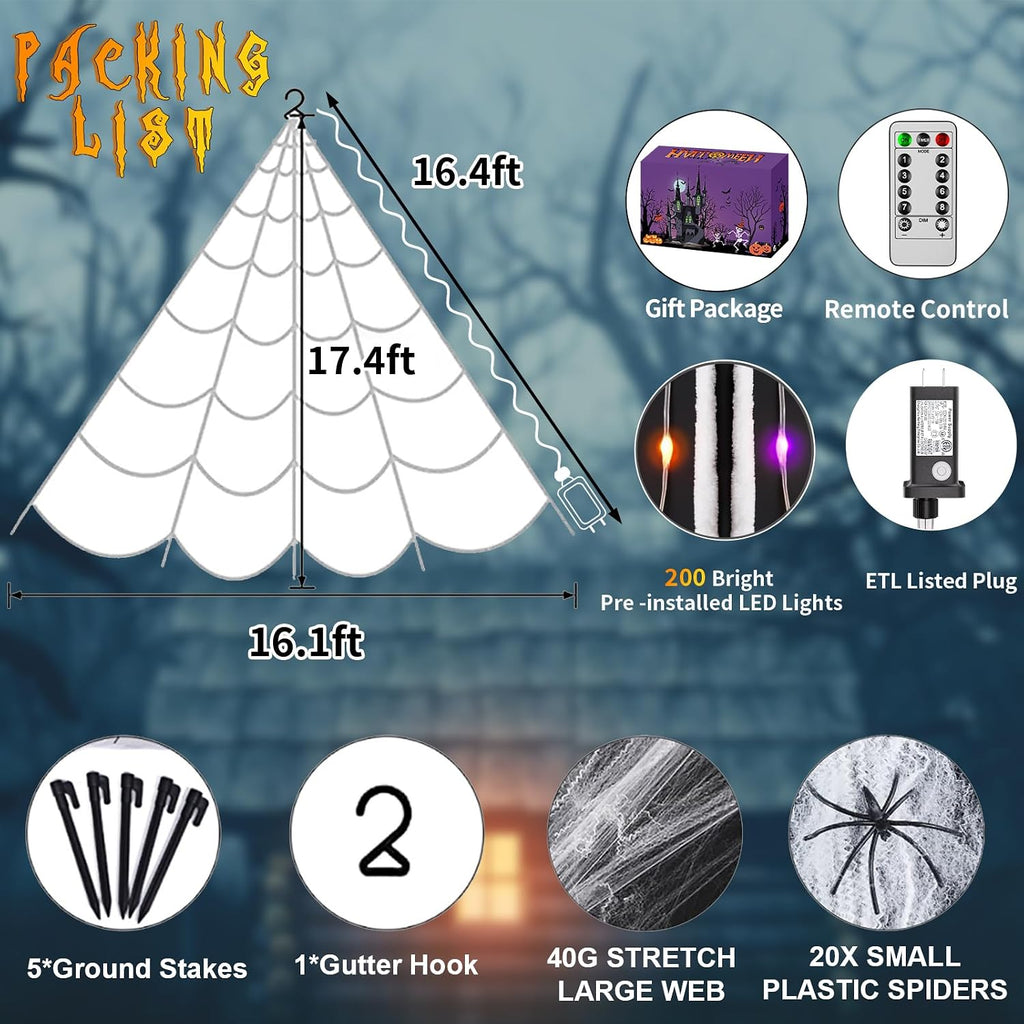 Halloween Decorations Outdoor, 200 LED Halloween Giant Spider Web Lights, 16.4Ft Lighted Spider Web Light up for Yard Haunted House Decor,Purple Orange