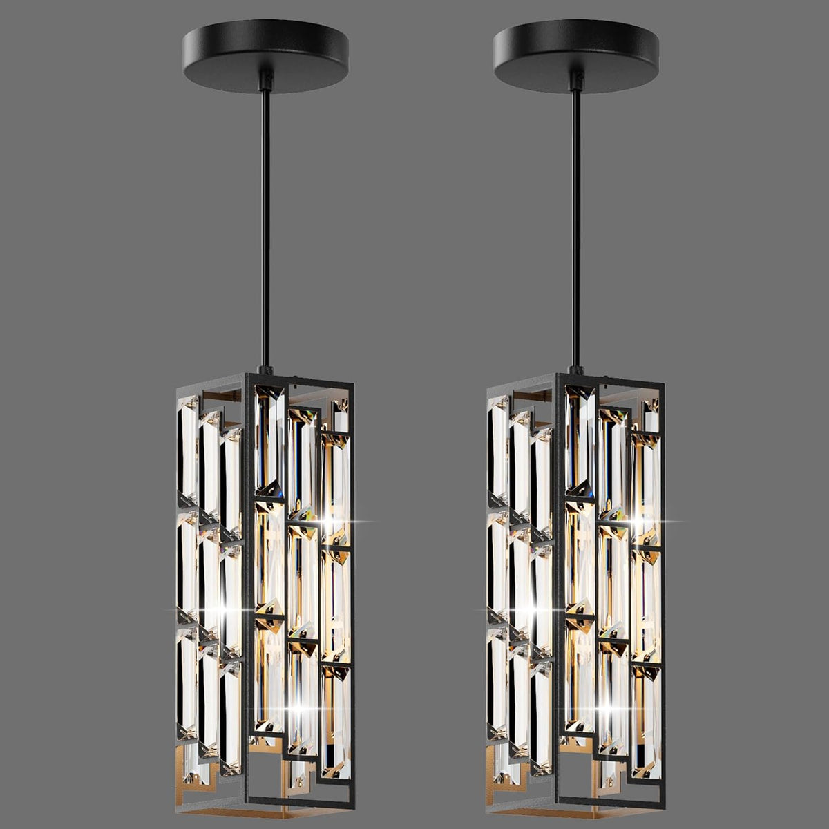 Modern 1-Light Crystal Pendant Light Kitchen Island, Black, 2-Pack