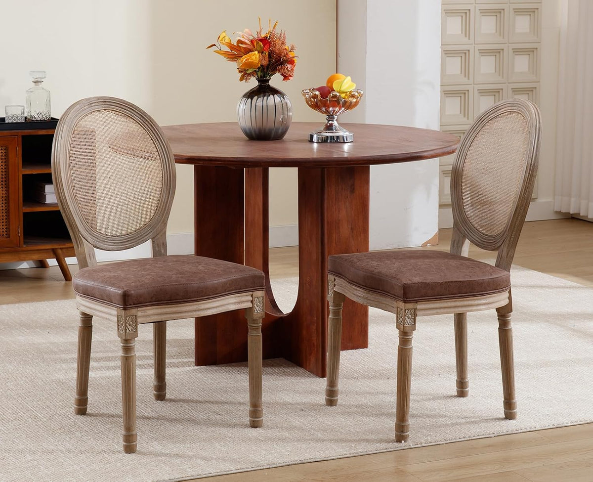 chairus Farmhouse Rattan Dining Chairs Set of 8, Leather French Country Chairs with Round Back, Oval Side Chairs for Kitchen/Restaurant/Dining Room/Living Room, Brown - 8 PCS