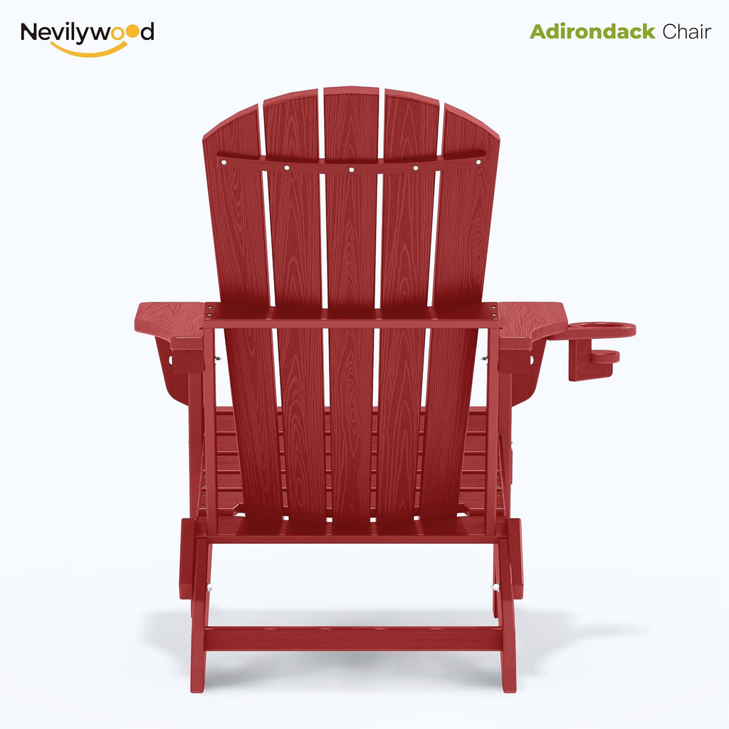 nevilywood Folding Adirondack Chairs Set of 2, HDPE Cup Holders, Red