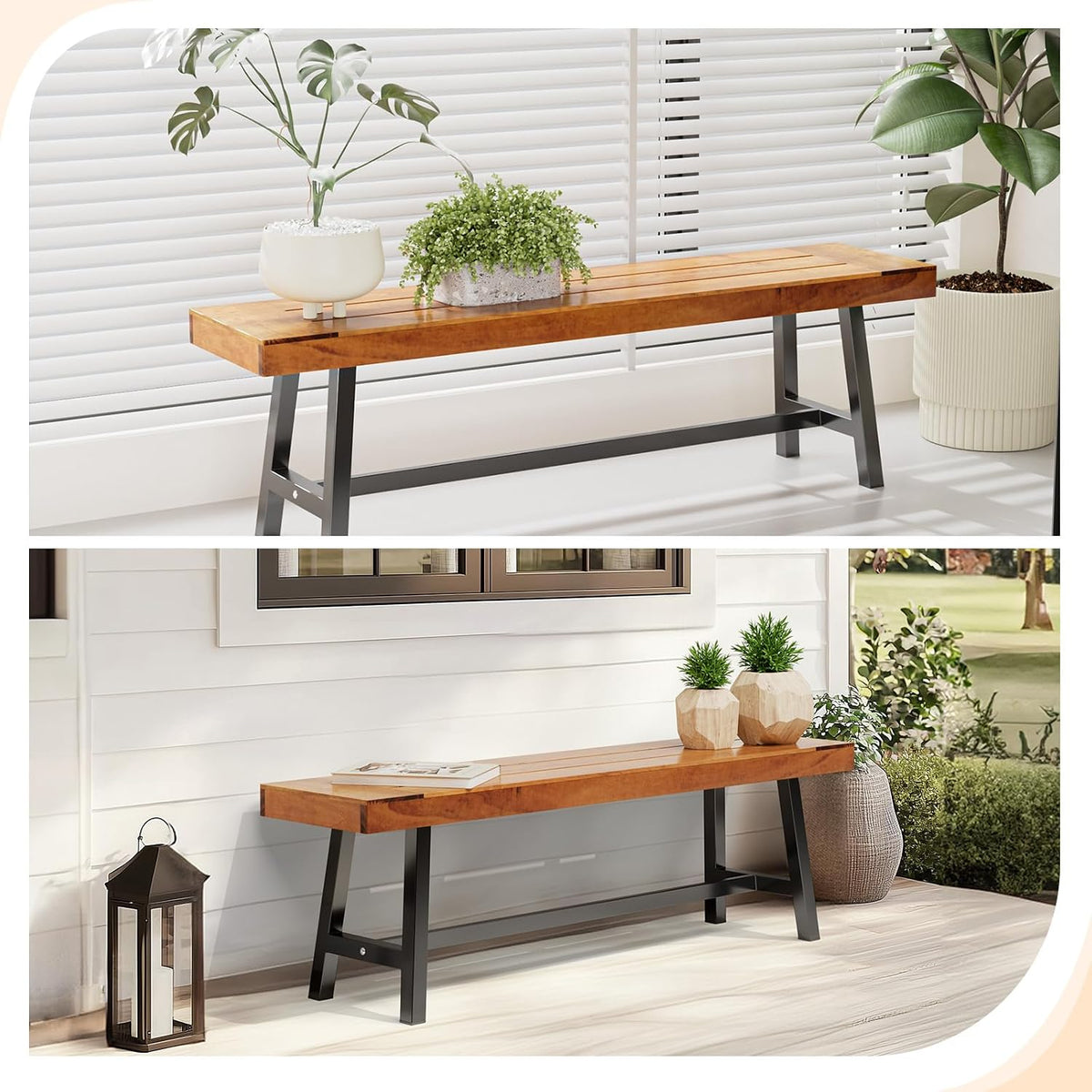 VINGLI Outdoor Bench with Metal Legs Rustic, Wood Dining Bench Indoor Outdoor Porch Benches for Yard Garden Dining (63in)
