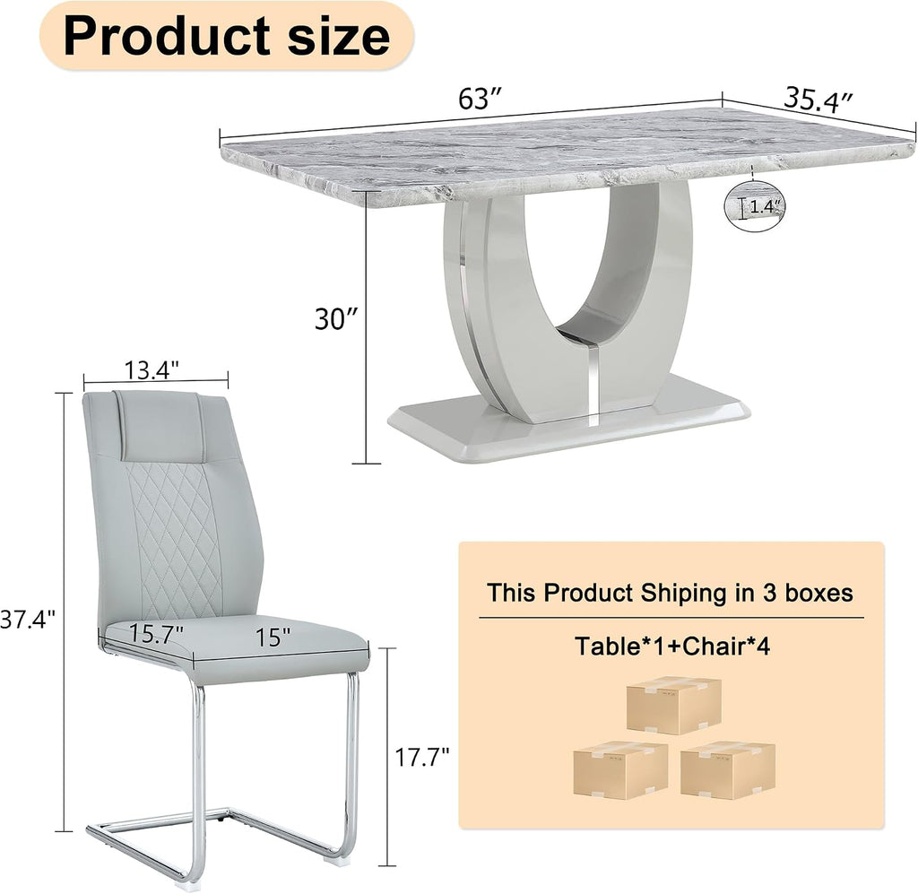 JUFU Dining Table Set for 4, 63" Faux Marble Dining Room Table Set with 4 Light Grey PU Leather Chairs, Modern Kitchen Table and Chairs Set, Rectangular Kitchen Table Set for Apartment, Dining Room (5-Piece)
