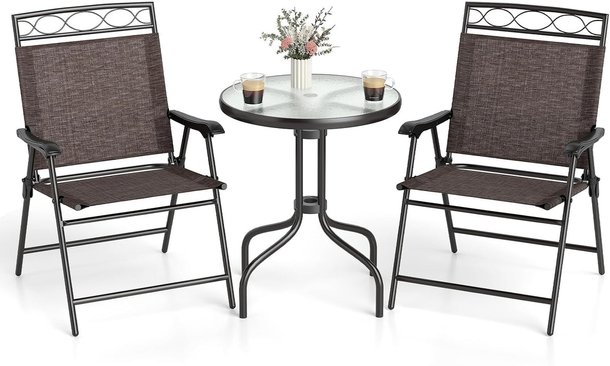 Goplus Bistro Table and Chairs Set of 2, Outdoor 3 Piece Patio Bistro Set with 1.57” Umbrella Hole, Tempered Glass Tabletop, 2 Folding Chairs, Small Patio Furniture Dining Set for Garden, Balcony