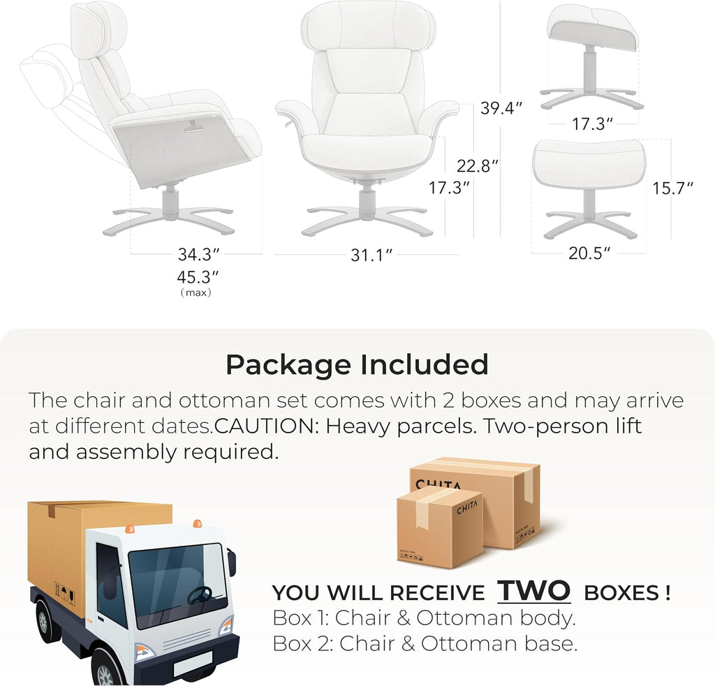 CHITA Genuine Leather Reclining Swivel Accent Chair with Ottoman, White