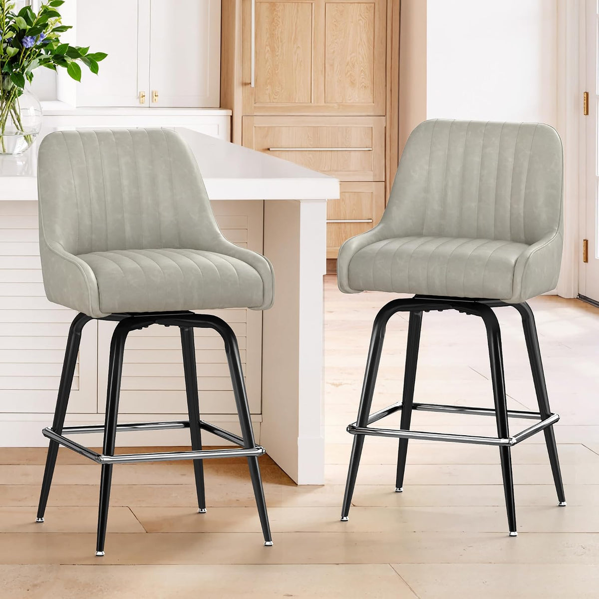 LUE BONA Counter Height Bar Stools Set of 2, 26" H Modern Barstools with Backs, Metal Frames and LightGrey Faux Leather Upholstered Accent Bar Stools for Kitchen Island