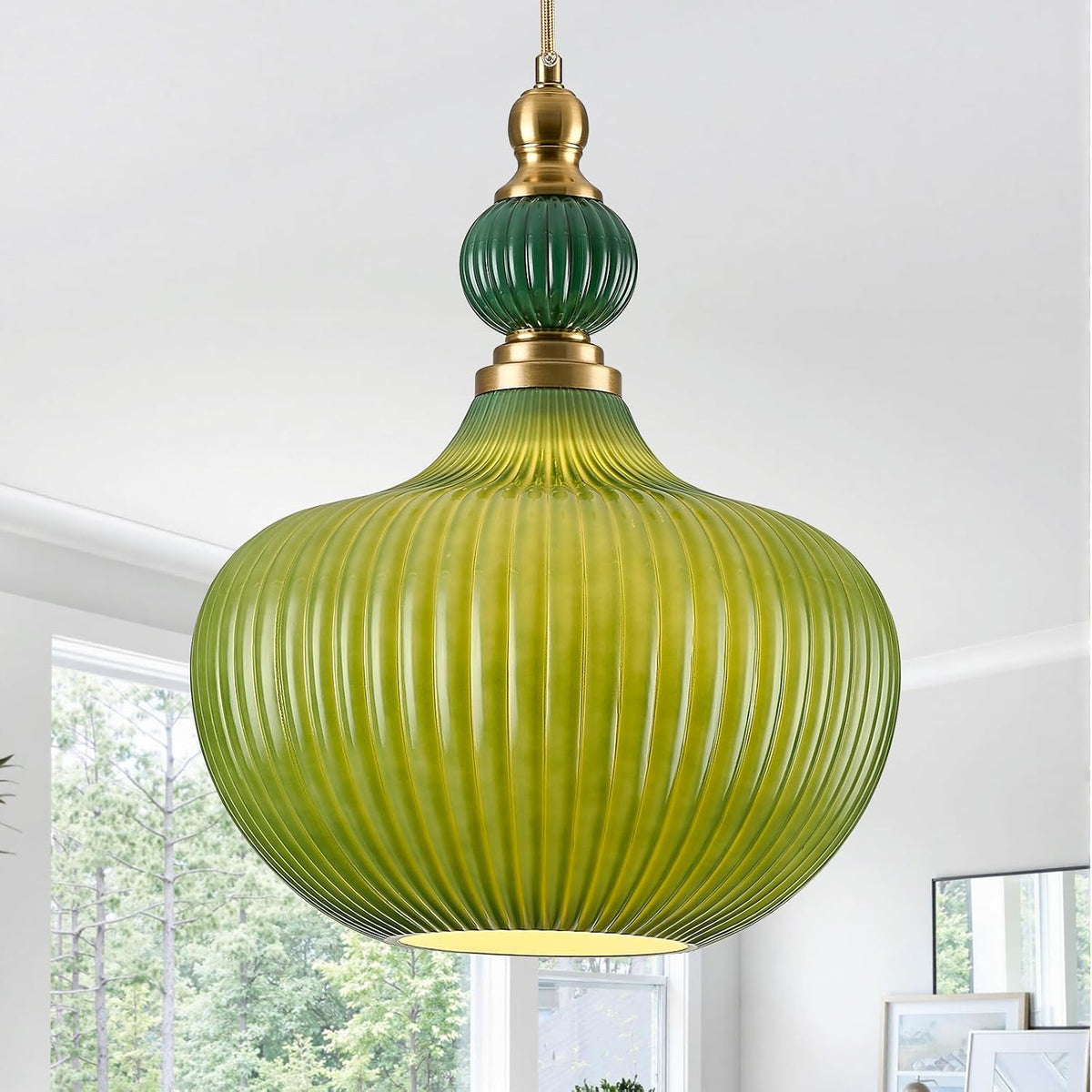 Green Milk Glass Pendant Light, Vintage Brass Ribbed Glass Light Fixture