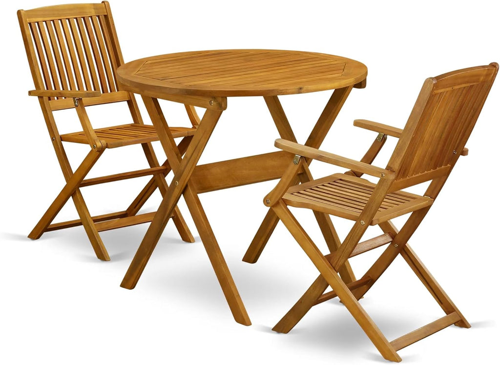 East West Furniture MNCM3CANA 3 Piece Folding Patio Bistro Sets Outdoor Set Contains a Round Acacia Wood Coffee Table and 2 Folding Arm Chairs, 30x30 Inch, Natural Oil