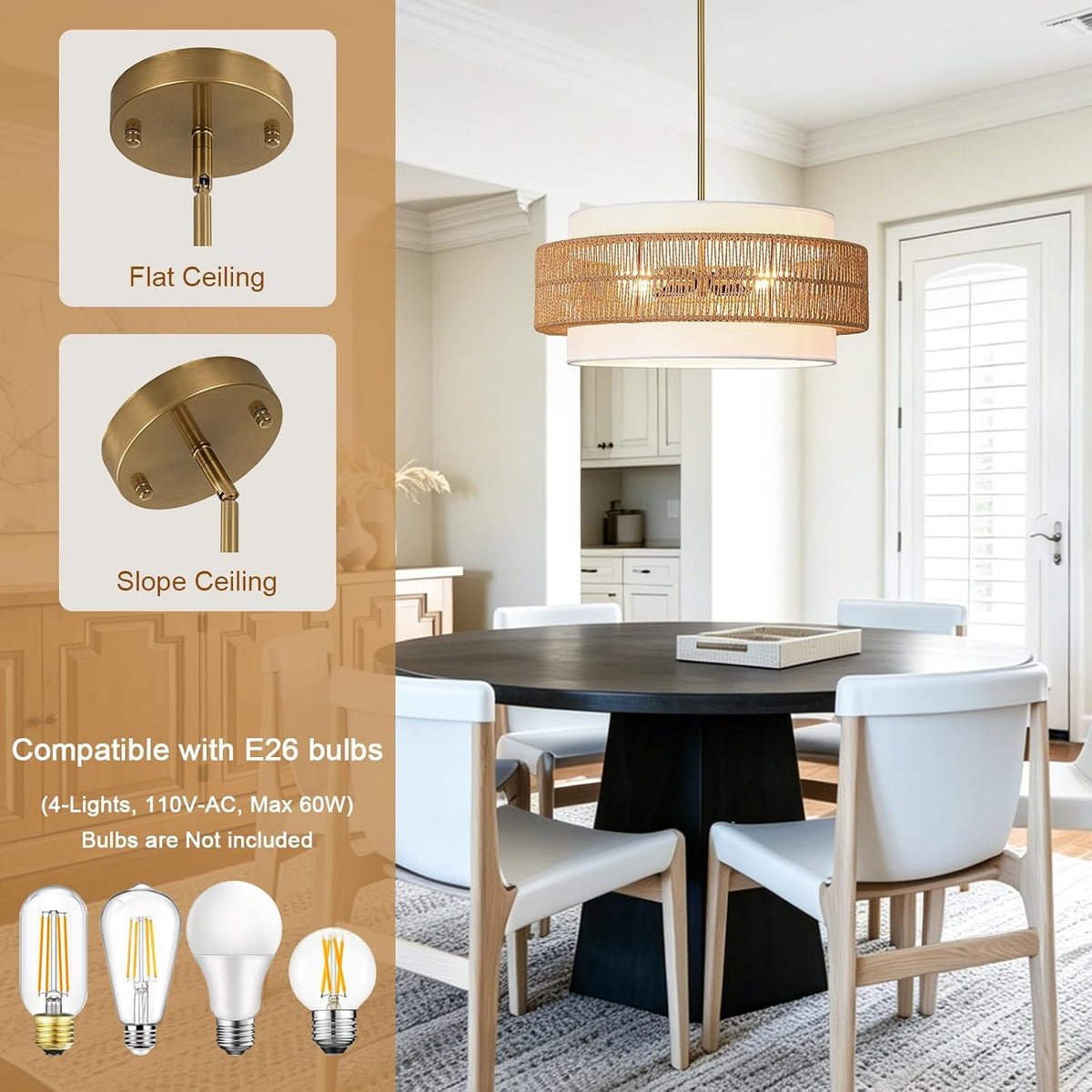 4-light rattan chandelier for dining room, 19.7" boho, close-up detail