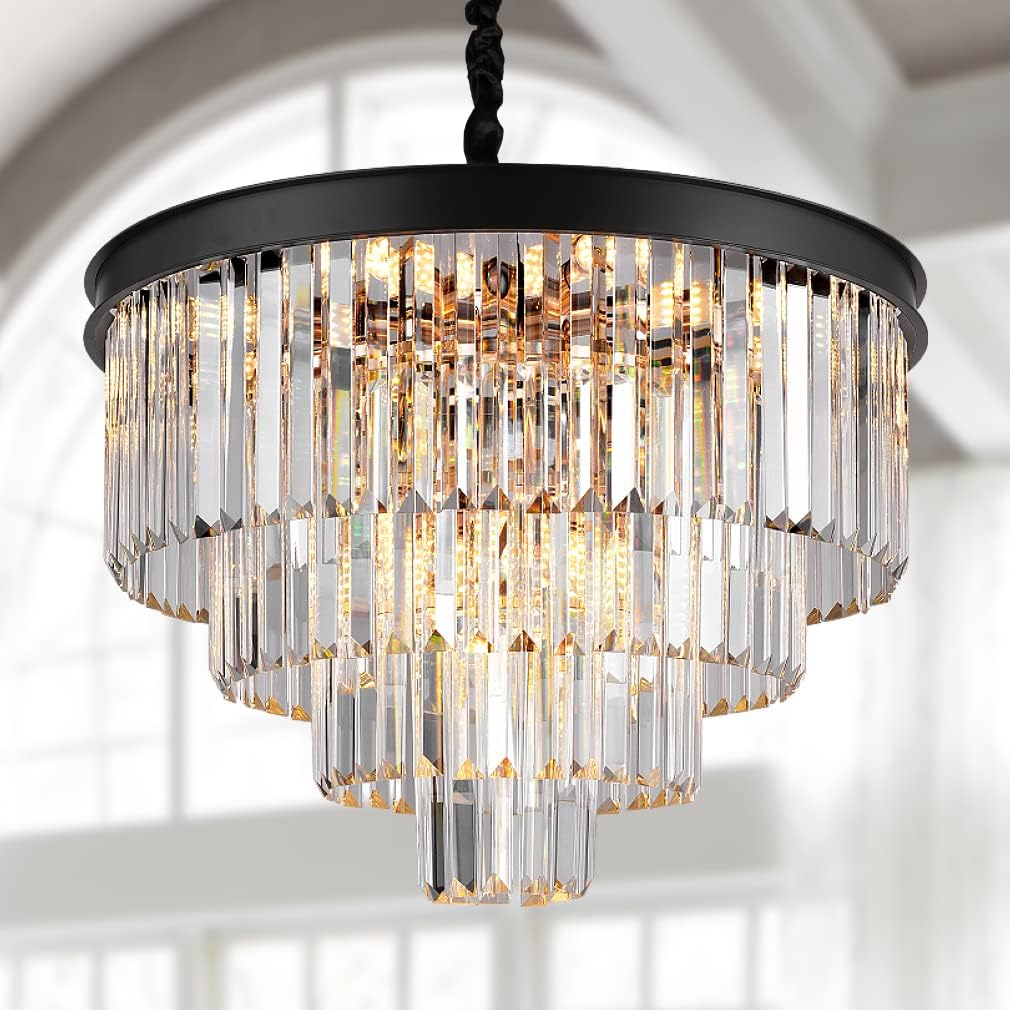 Modern Crystal Chandelier 24" Black Pendant Light Fixture for Living Room