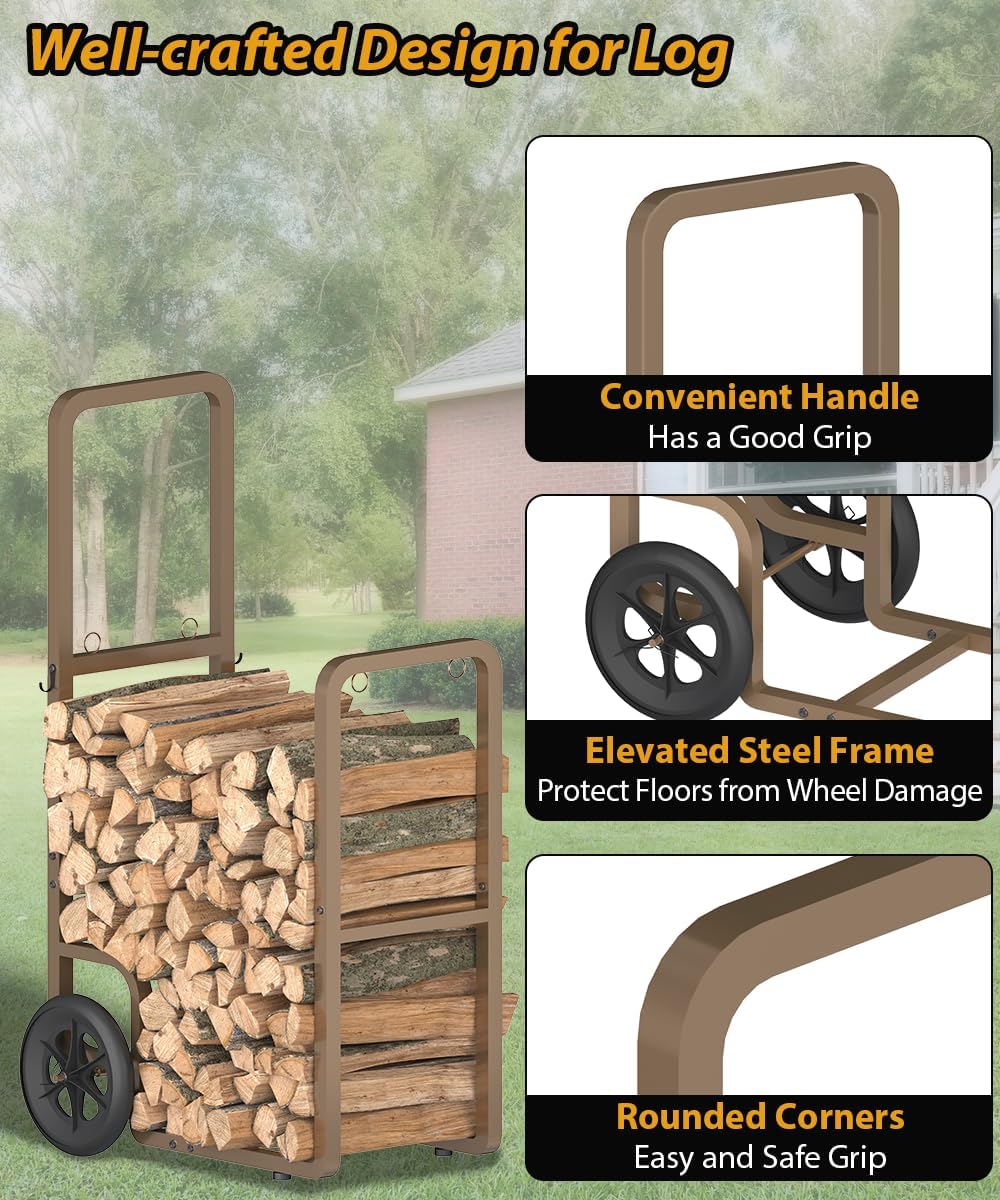 Easy-Assembly Firewood Cart, Rolling Log Carrier for Outdoor & Indoor Use, Wood Rack Storage Mover for Fireplace & Fire Pit, Heavy-Duty Steel Log Dolly Hauler with Rubber Wheels, Brown