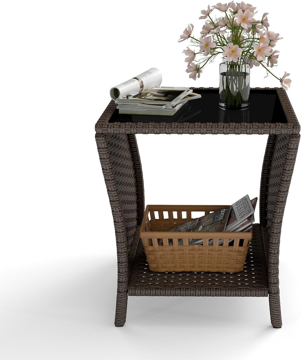 kinbor Outdoor Wicker Side Table, Tempered Glass Top & Storage Shelf, Brown