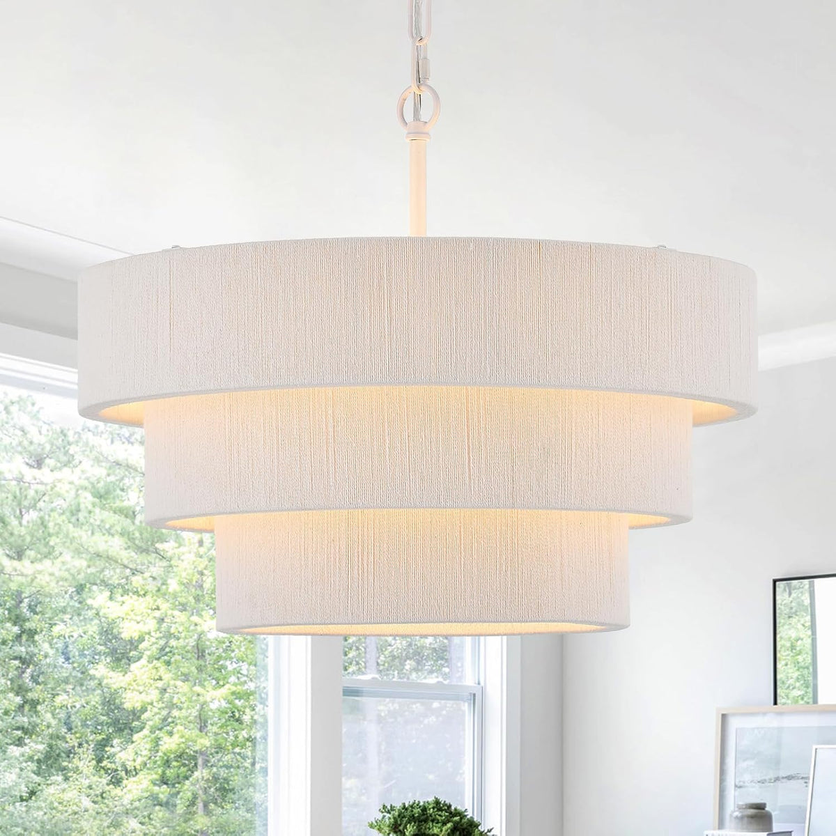 20” Boho Hand Woven Rattan Chandelier 3 Round Adjustable Coastal Pendant Light for Kitchen Island Dining Living Room, White, UL Listed
