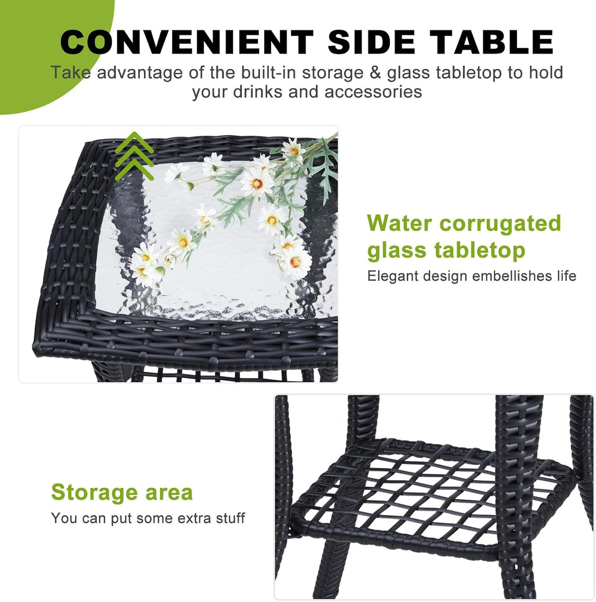 Outvita Rattan Outdoor Side Coffee Table with Glass Tabletop Storage Shelf