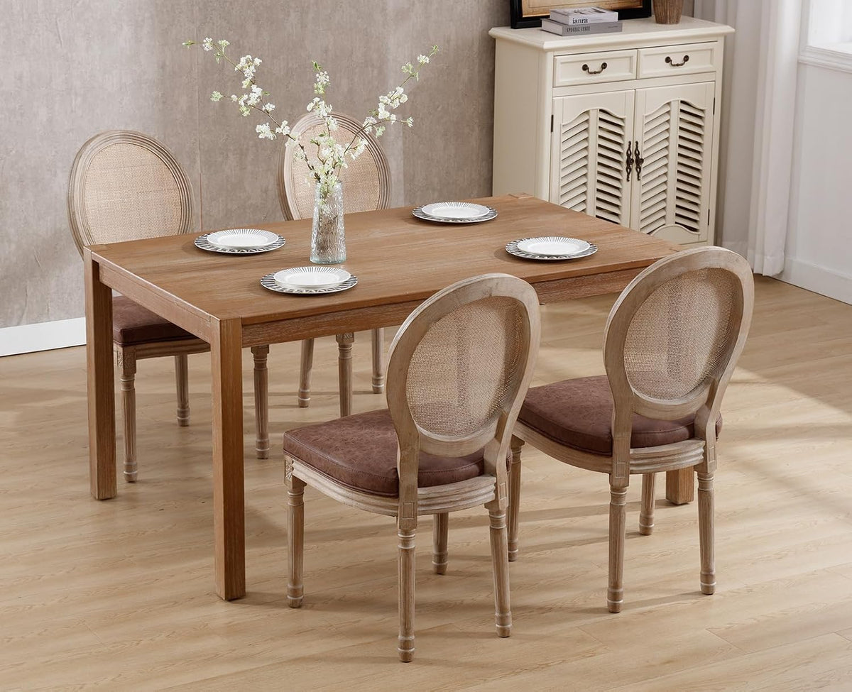 chairus Farmhouse Rattan Dining Chairs Set of 8, Leather French Country Chairs with Round Back, Oval Side Chairs for Kitchen/Restaurant/Dining Room/Living Room, Brown - 8 PCS