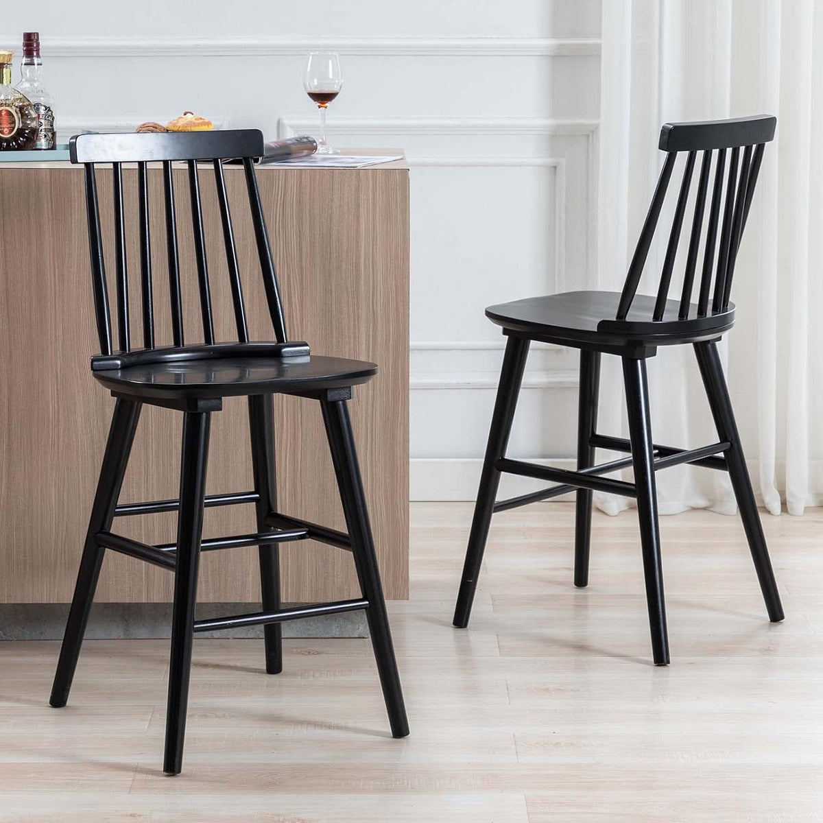 DUHOME Wood Bar Stools Set of 2, Farmhouse Counter Stools 24’’ Barstool with Spindle Back Counter Height Stool Chairs for Kitchen Islands, Black