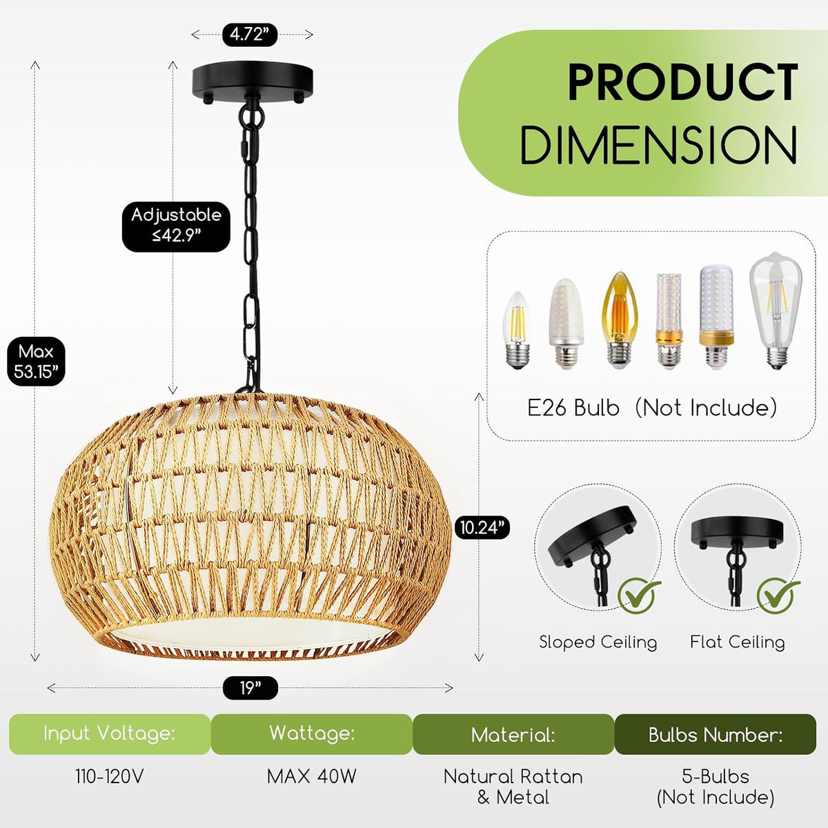 19" Boho Rattan Chandelier for Dining Room 5-Lights Farmhouse Chandelier